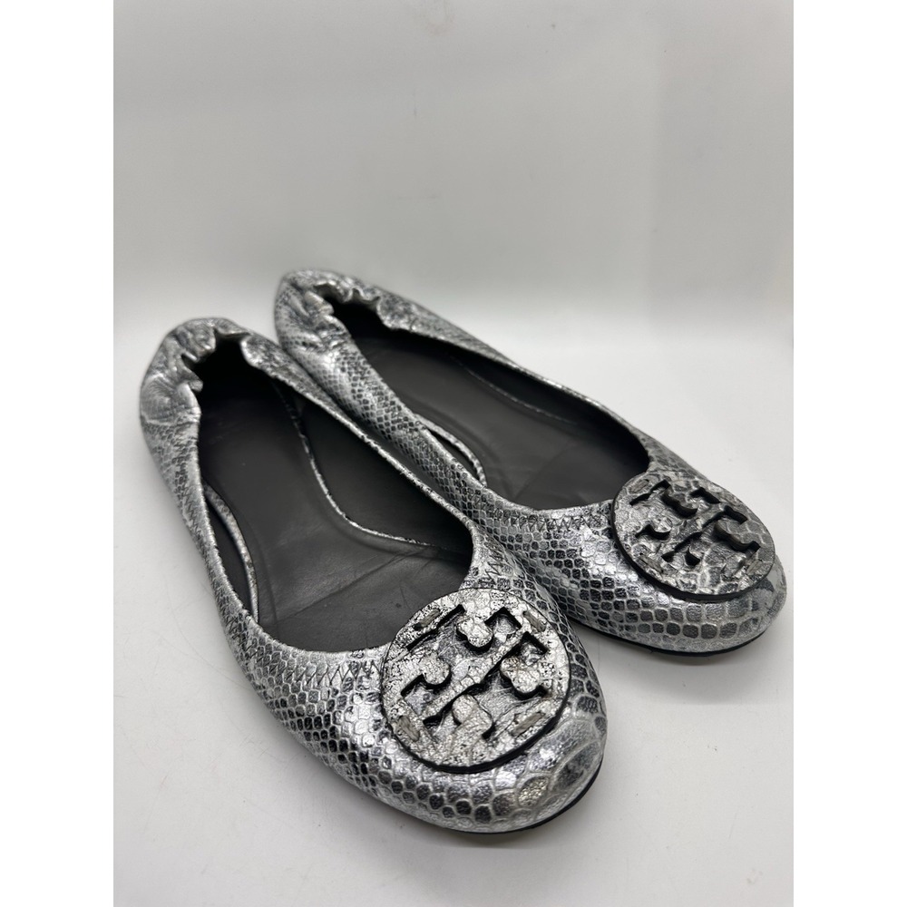 Tory Burch Reva Ballet Flats Silver Metallicโ Snake Embossed Leather Size 10M